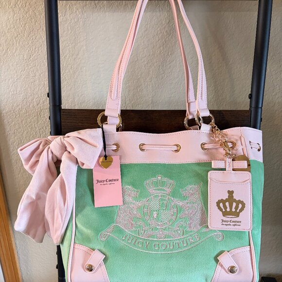 Juicy Couture Handbags - Juicy Couture Classic Scottie Daydreamer Tote Pink Green Velour Y2K
